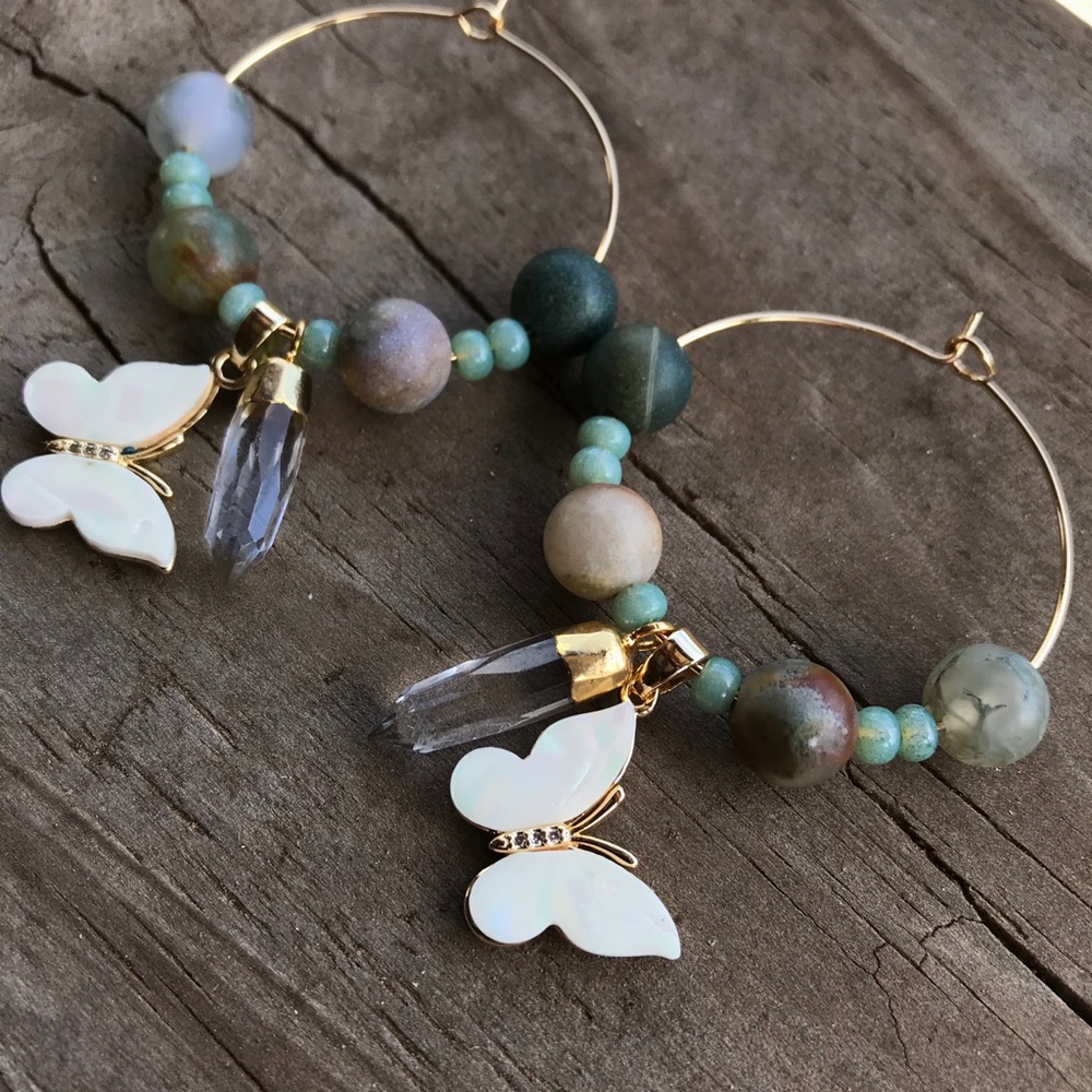 Indian Agate Butterfly Quartz Gold Hoop Earrings - Picture 4 of 8